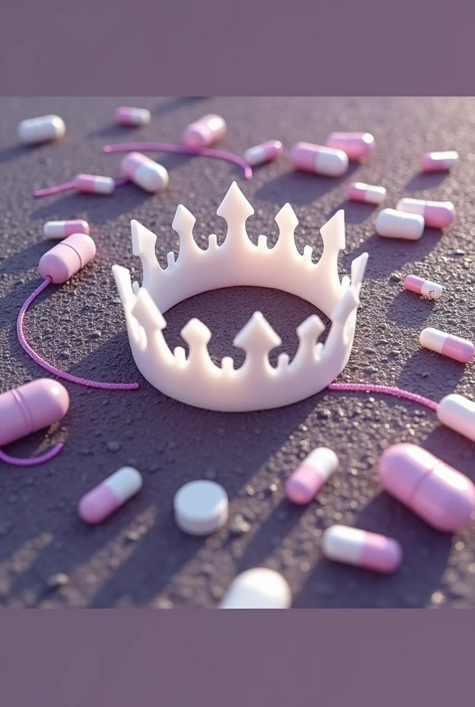 Purple chain thrown on a road, a white crown floating centered on the currents, medicine pills thrown on the road,