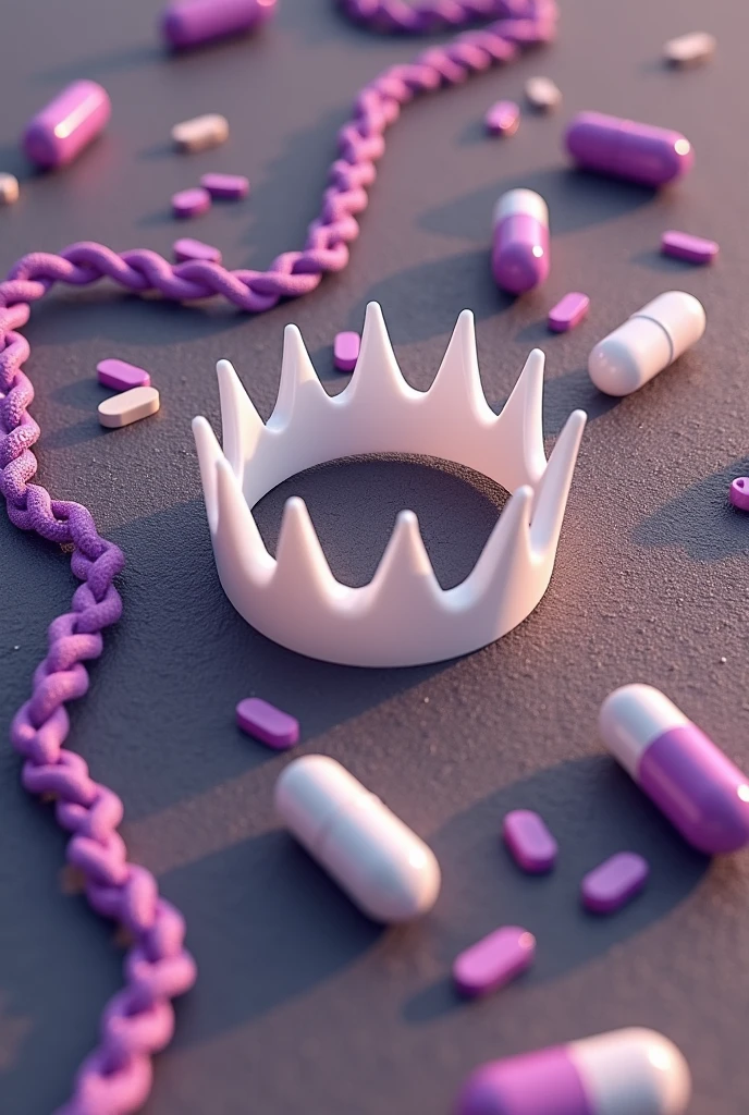 Purple chain thrown on a road, a white crown floating centered on the currents, medicine pills thrown on the road,