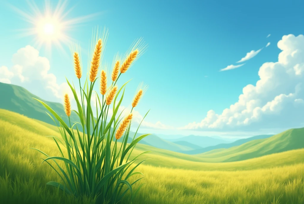 Create an image that represents the growth of a barley plant thanks to the sun and rain of the highlands., but that emphasizes the importance of rain and sun