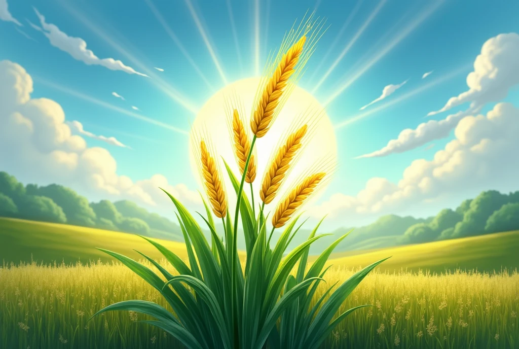 Create an image that represents the growth of a barley plant thanks to the sun and rain of the highlands., but that emphasizes the importance of rain and sun