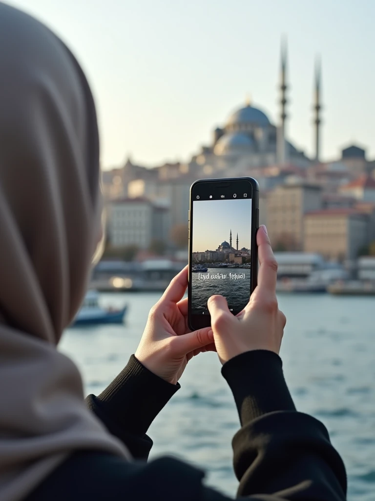 a hijabi girl taking his hands photo while she have i phone on his hand in istanbul famuse plases. Show only her hand and writ this same msg "HBD Zolo'em 🥳" with black bakround on her mobile screan show this same msg   Realistik 4k.