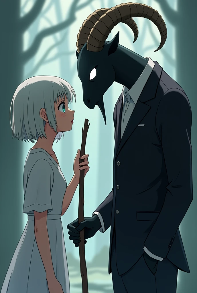 Anime Style Characters:
On the right is a large, dark figure resembling an anthropomorphic goat with demonic features.. It has a completely black body, delgado, and no visible facial details, except for his bright white eyes that stand out on his gloomy face. Its head has two long, twisted horns that give it a disturbing and mysterious appearance.. He is dressed elegantly, as if wearing a dark suit, Although its details blend with its black figure.
at your side, There is a young adult woman, with blue right eye and green left eye, short white hair. She is dressed in a simple white dress and her expression is cheerful and curious.. She is sitting on the ground and seems to extend her hand towards the dark figure., interacting with him in a friendly and fearless manner, which contrasts sharply with the sinister appearance of the creature.
action:
The dark figure holds in one hand a long, thin stick or branch that is being touched by the girl., as if exploring or playing with it. This interaction suggests a relationship of closeness and trust between the two., Despite the creature's terrifying appearance.