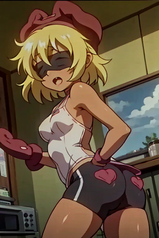 girl in spandex booty shorts, wearing oven mittens tucked in pockets, blindfold