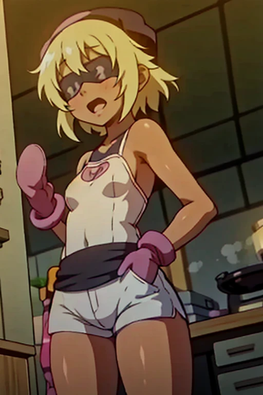 girl in spandex booty shorts, wearing oven mittens tucked in pockets, blindfold