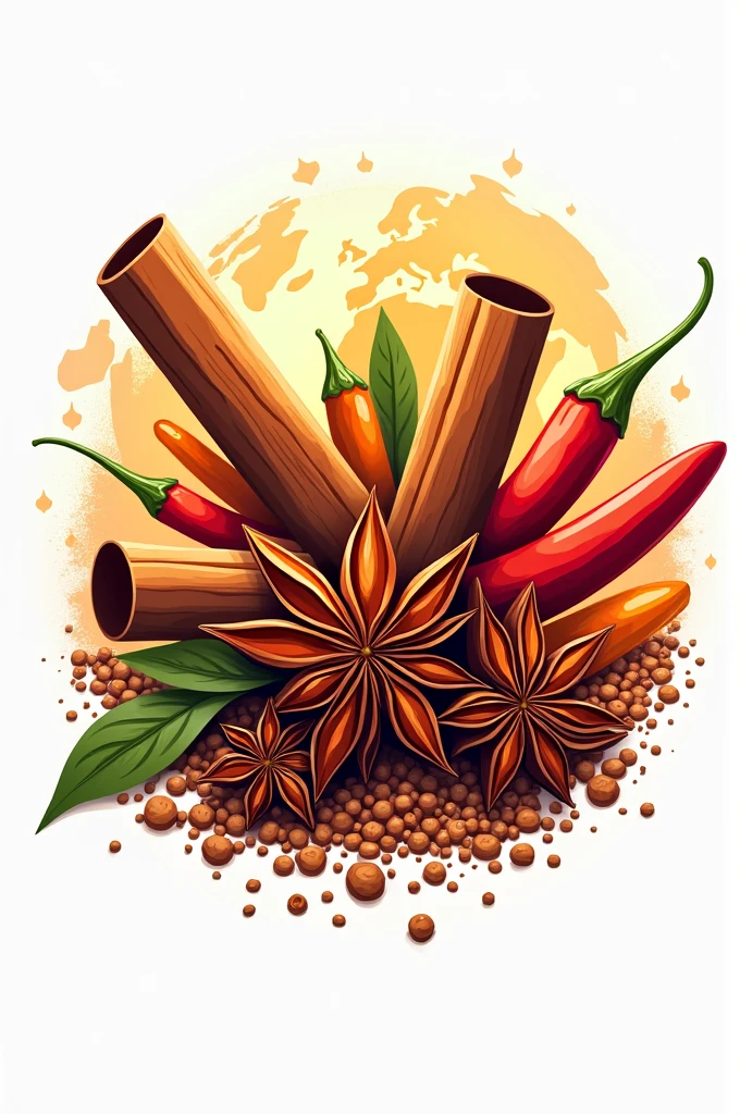 Logo with cinnamon, anise, chili, spices and a world full of flavors