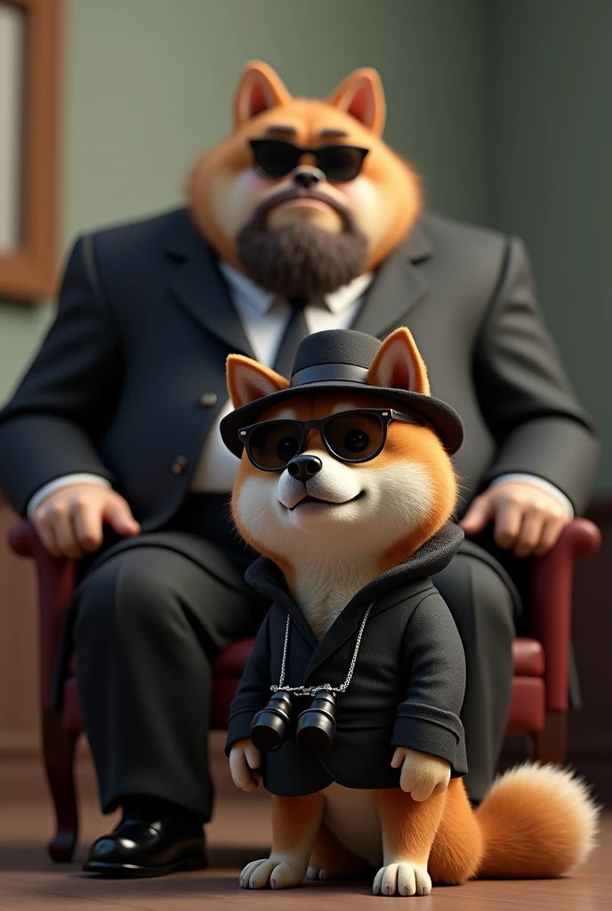 Cute Shiba Inu、Bushy coat、Detective style outfit（Black Suit、hat、sunglasses、Binoculars hanging from his neck）、3d、Sitting to the right of the boss。The boss is a big fat man（Are standing、Black suit、sunglasses、beard）