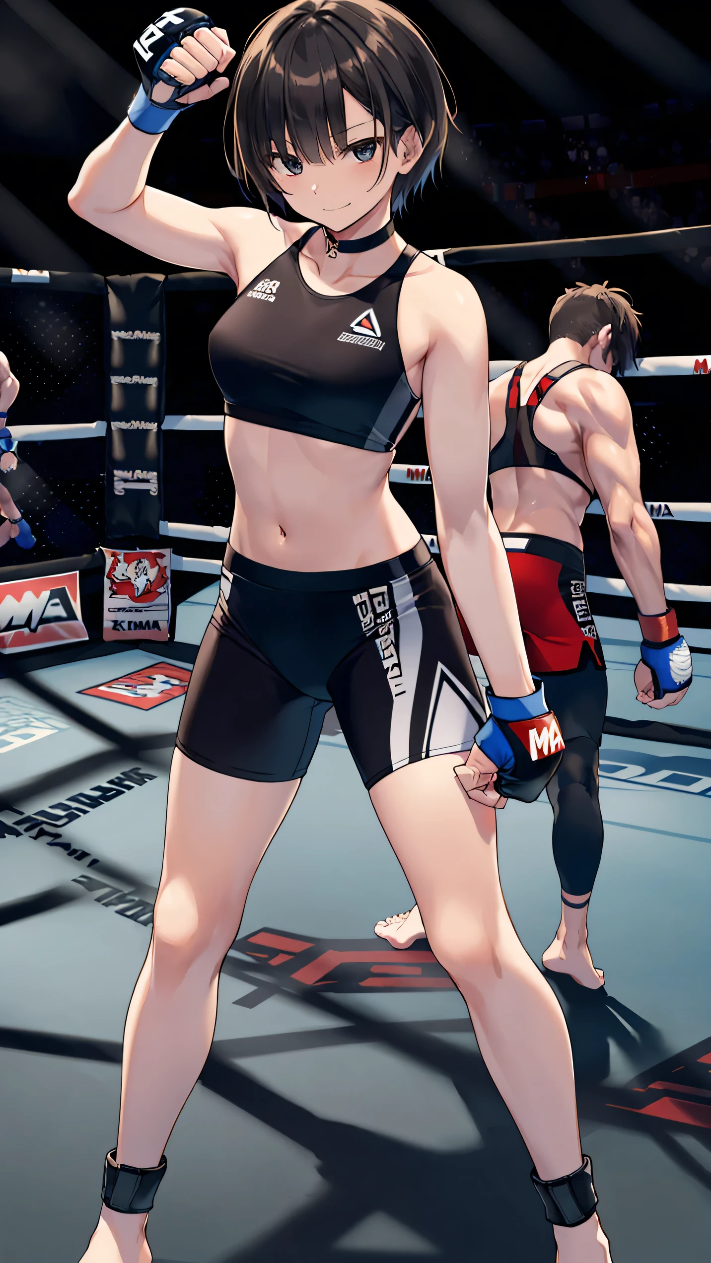 nanasaki, nanasaki ai, ai nanasaki, ((top-quality,8K,Masterpiece)), Full body shot, Toned stomach, (on MMA Arena :1.5), (wearing MMA uniform:1.5, tight tops and tight bottoms:1.3), thigh, belly button, smirking, Sharp focus: 1.2, Highly detailed face, Highly detailed eye, Professional Lighting,