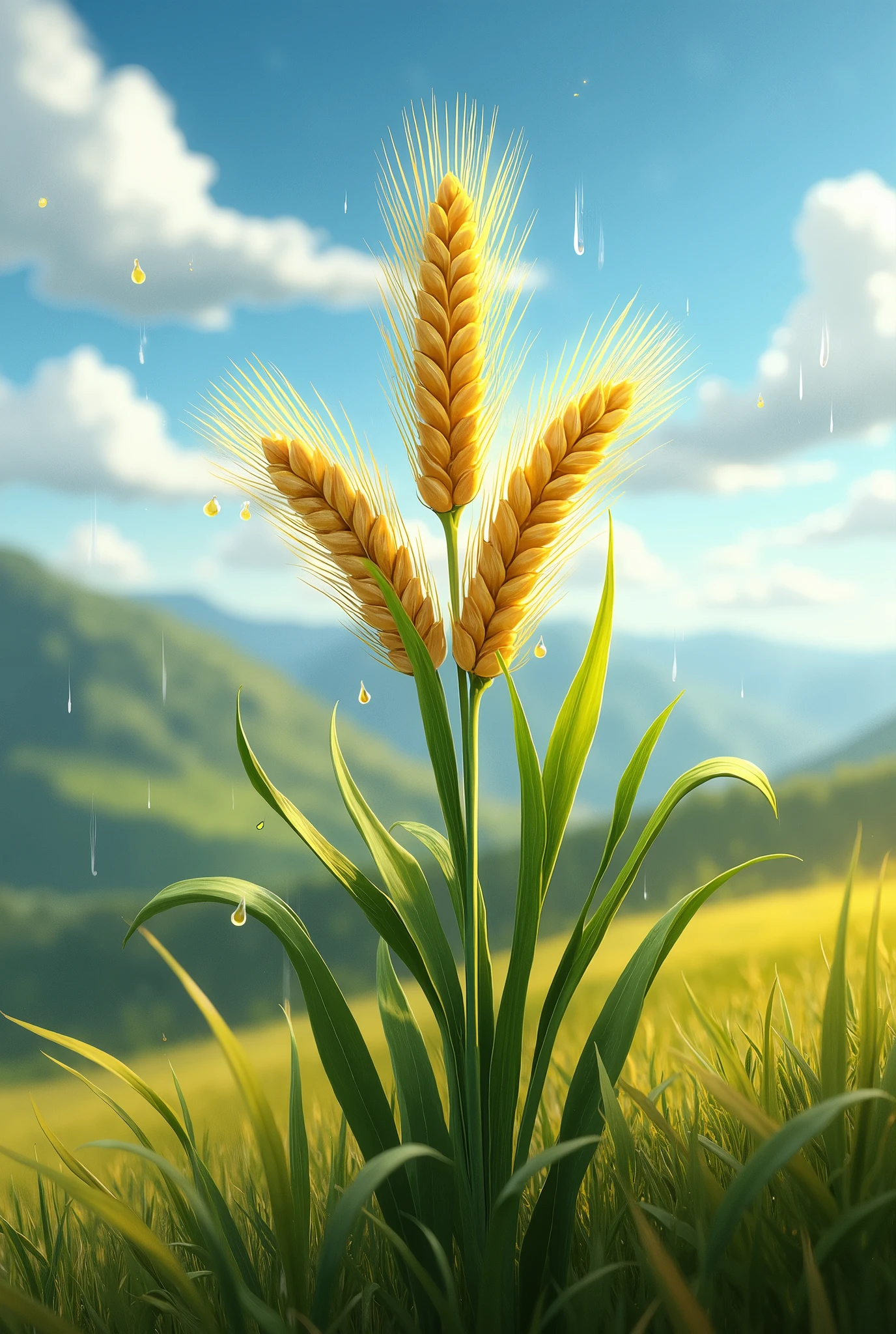Create an image that represents the growth of a barley plant thanks to the sun and rain of the highlands.