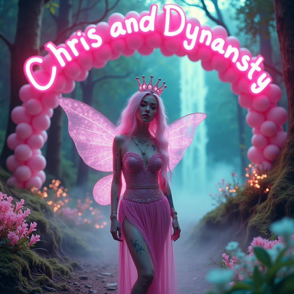 mystical and green and yellow pink neon glowing cosmo and Wanda forest, with a cloudy design mixed with glowing pink and green, with a large fairy crown, with smoking green and pink foggy floors, with a balloon arch that says "CHRIS AND DYNASTY" “Taken On: Canon 16-35mmt/4L —ar 16:9, a natural white female, with long wavy pink n white hair, mink lashes, diamond chain, plump pink lips, tattoos, flawless eyebrows, wearing a pink sparkly dress with sparkly fairy wings, waterfall in the background