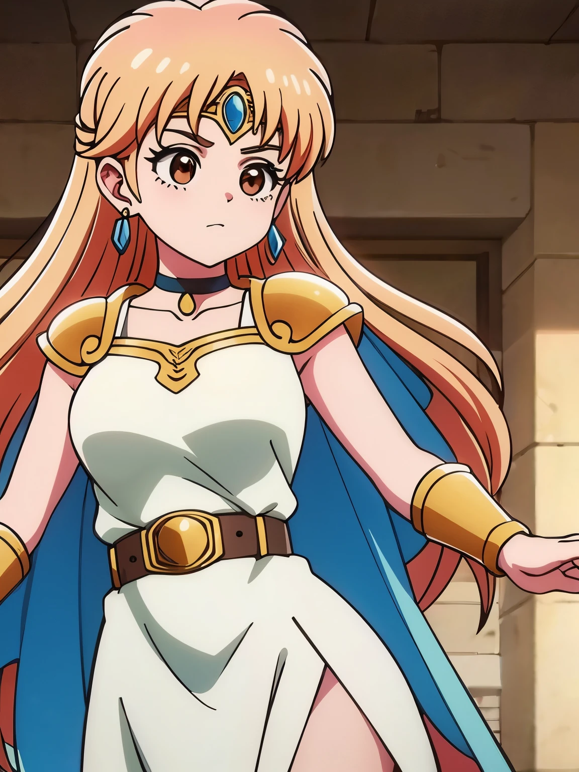 (masterpiece, highest quality:1.2, 8k yen, Ultra-high resolution), RAW Photos, Professional Lighting, Cinema Lighting, 1 girl, alone, Leona, Dragon Quest:dai no daibouken, (blonde, Long Hair, Brown eyes, hair ornaments, bangs), ((brass Circlet, choker, earrings, golden armor pads:2.0, Earrings, golden hair pin, white robe, green dress, Golden belt, golden bracelet, cloak)), Big eyes, ((no back ground)), (Ultra Slim Waist, Ultra slim model body style), Highly detailed face, Highly detailed eyes, (directly front view), full body shot, standing, 