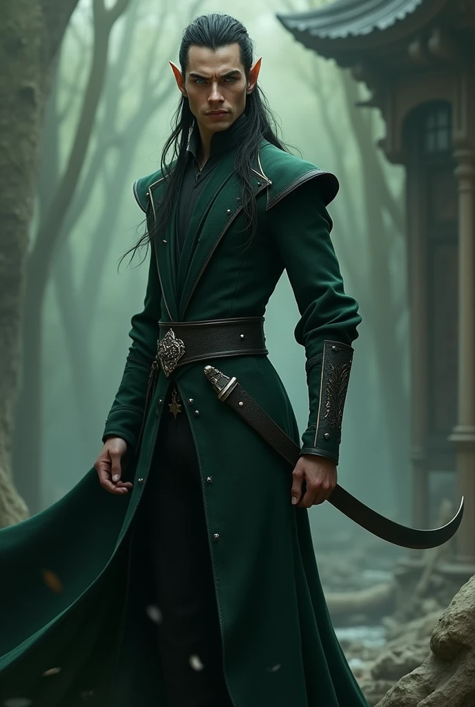 Black haired male elf, slender face, high cheek bones, haughty expression with piercing blue eyes. Hair braided into a shoulder length ponytail with small silver pins decorating its length. Standing, looking at viewer, dressed in long, dark green robes. Holding a curving scimitar by the hilt in one hand - the blade of which rests on his shoulder.