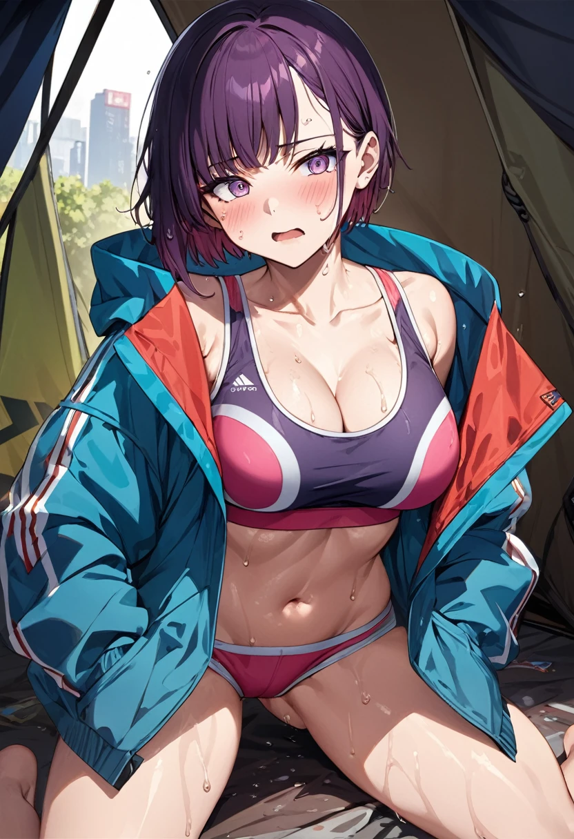 masterpiece, Highest quality, High resolution,(Mikazuki Kan),  \(style\),(D-cup beautiful breasts),Sweating all over the body、sports bra and jacket, hot pants,cyberpunk,hoodie,Hosomi、(sexy)、A face writhing in pleasure、The whole body is covered in sex fluids、Sweaty、Front composition、Shyness、blush、A dignified expression、look up、Anime-style painting style,Purple Hair、Short Hair、(Cool face)、Pointed Eyes,A composition that focuses on the whole body,(独奏),In the background, inside the tent