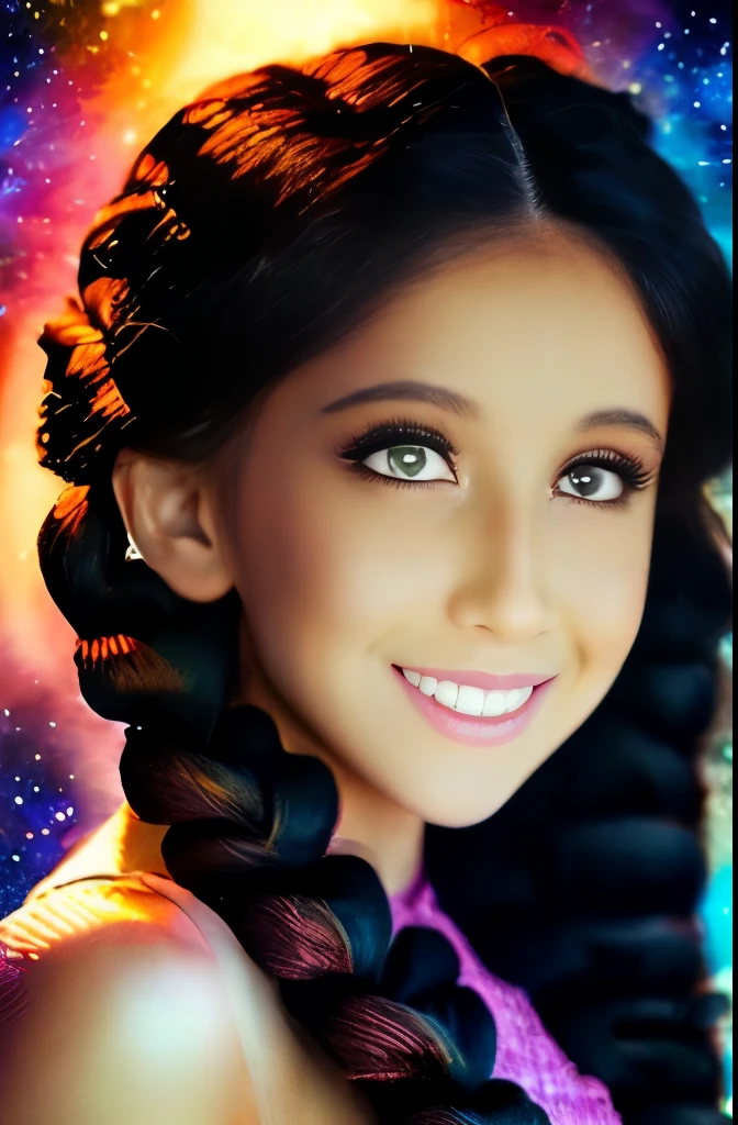 High detail, super detail, super high resolution, girl enjoying her time in the dream galaxy, surrounded by stars, warm light sprinkled on her, background is starry sky with colorful galaxies and galaxy clouds, stars flying around her, delicate face, adding playful atmosphere ,