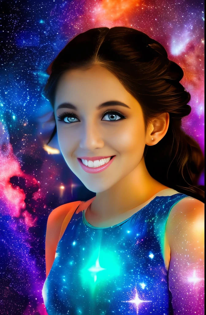 High detail, super detail, super high resolution, girl enjoying her time in the dream galaxy, surrounded by stars, warm light sprinkled on her, background is starry sky with colorful galaxies and galaxy clouds, stars flying around her, delicate face, adding playful atmosphere , 