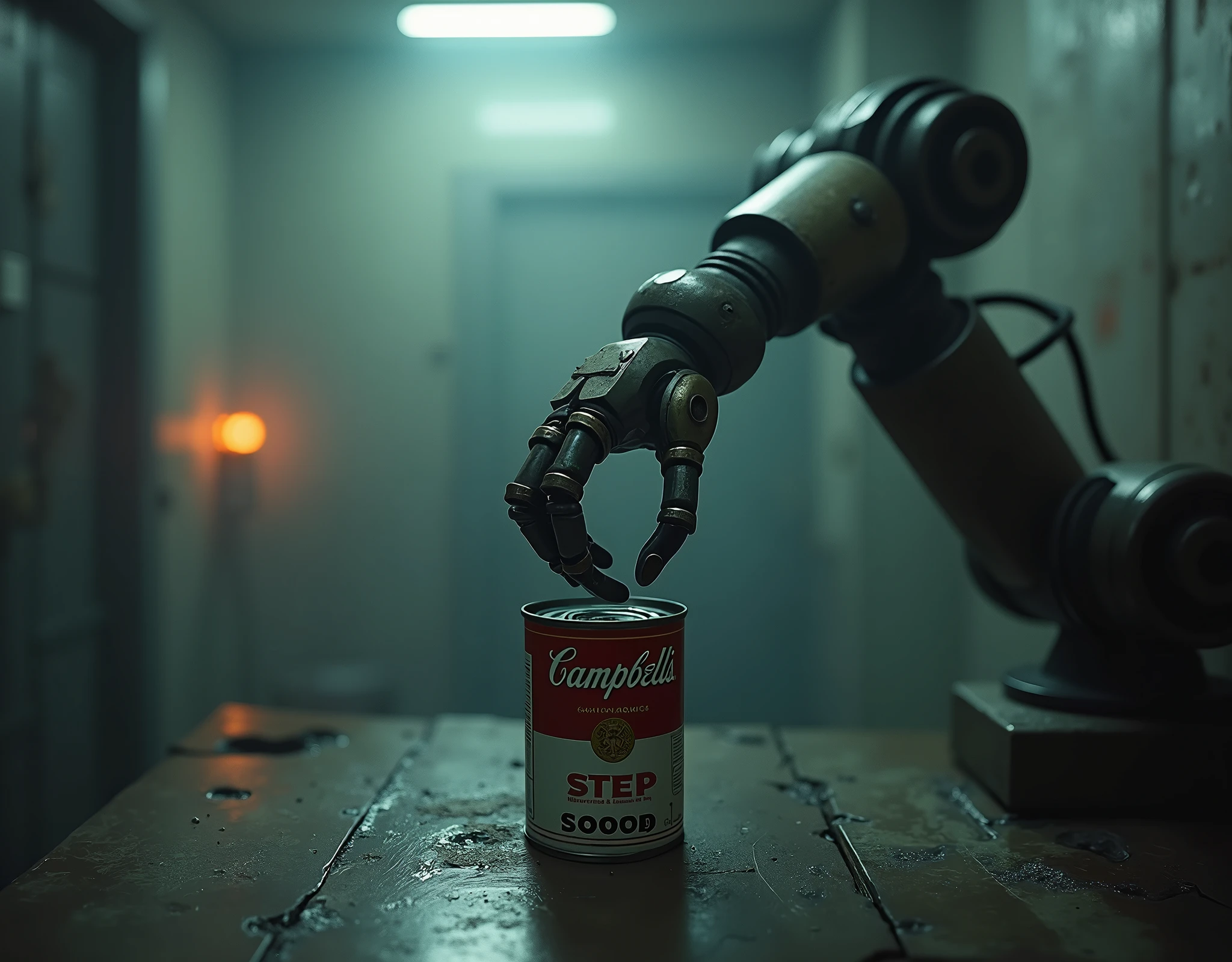 (masterpiece:1.2, Exceptional Quality, mirror-like, Cinematic Experience, Photorealistic:2.0, RAW Photos:2.0, Super detailed), 8k, 16:9, wallpaper, (In a dimly lit, cyberpunk-inspired room:2.0), (vintage, industrial robotic arm:2.0) slowly opening a can of soup with an electric can opener, cold, metallic textures, minimal lighting casting long shadows, reflecting surfaces with a dull, bluish-gray hue, (slightly rusted Campbell’s soup can with peeling labels:2.0), eerie sense of decay and abandonment, (faint orange glow from malfunctioning LED lights:2.0), (monochrome palette:2.0), nostalgic yet unsettling atmosphere.