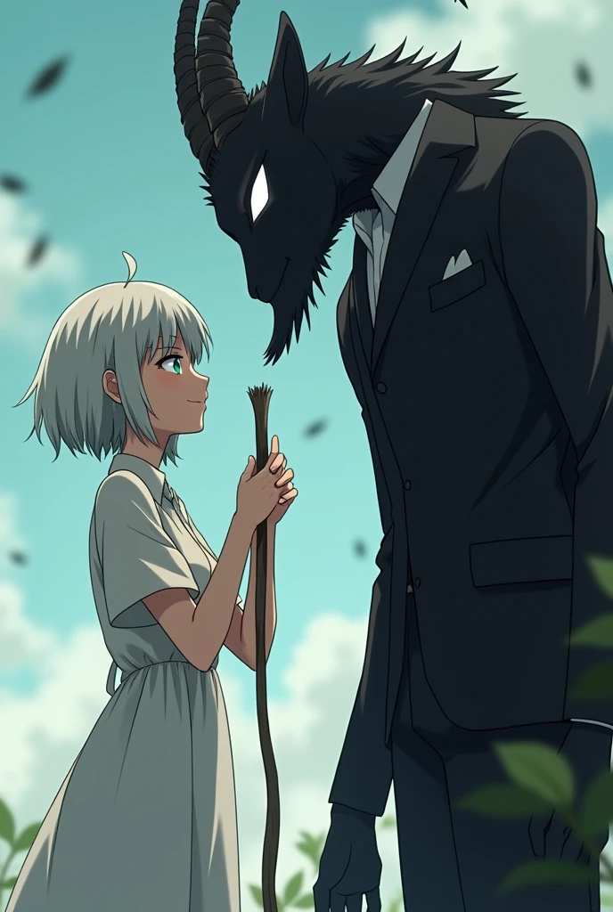 Anime Style Characters:
On the right is a large, dark figure resembling an anthropomorphic goat with demonic features.. It has a completely black body, delgado, and no visible facial details, except for his bright white eyes that stand out on his gloomy face. Its head has two long, twisted horns that give it a disturbing and mysterious appearance.. He is dressed elegantly, as if wearing a dark suit, Although its details blend with its black figure.

at your side, There is a young adult woman, with blue right eye and green left eye, short white hair. She is dressed in a simple white dress and her expression is cheerful and curious.. She is sitting on the ground and seems to extend her hand towards the dark figure., interacting with him in a friendly and fearless manner, which contrasts sharply with the sinister appearance of the creature.

action:
The dark figure holds in one hand a long, thin stick or branch that is being touched by the girl., as if exploring or playing with it. This interaction suggests a relationship of closeness and trust between the two., Despite the creature&#39;s terrifying appearance.