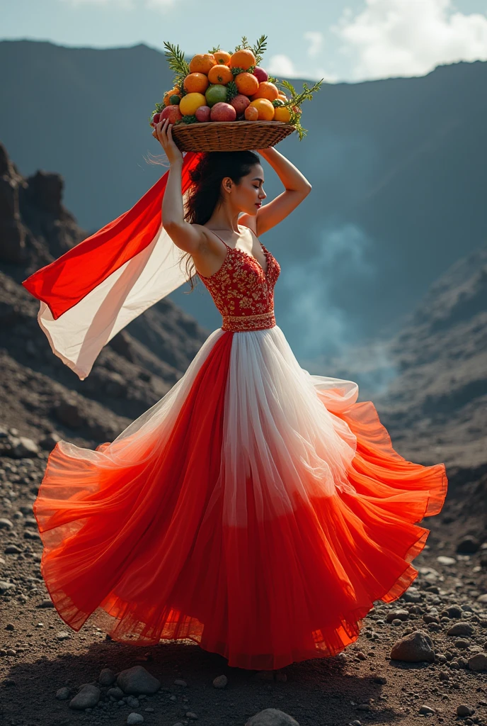 Photoshot of a beautiful woman wearing a very beautiful red and white hisan long fabric dress and dancing on the rocks of the crater flow of Mount Meltus while carrying a pile of fruit"an above the head and there is a red and white flag