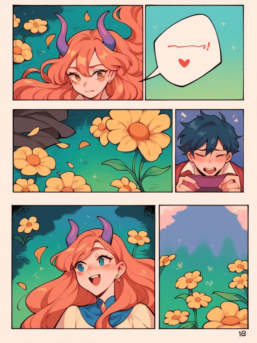 score_9, score_8_up, score_7_up, score_6_up, p4n3ls, 1girl, 1boy, flowers, long hair, panels, (8k, best quality, master piece: 1.2),super high resolution,A page of a soft pastel colored comic book divided into frames、A princess falls in love with a demon、speech bubble、Powerful girl manga style