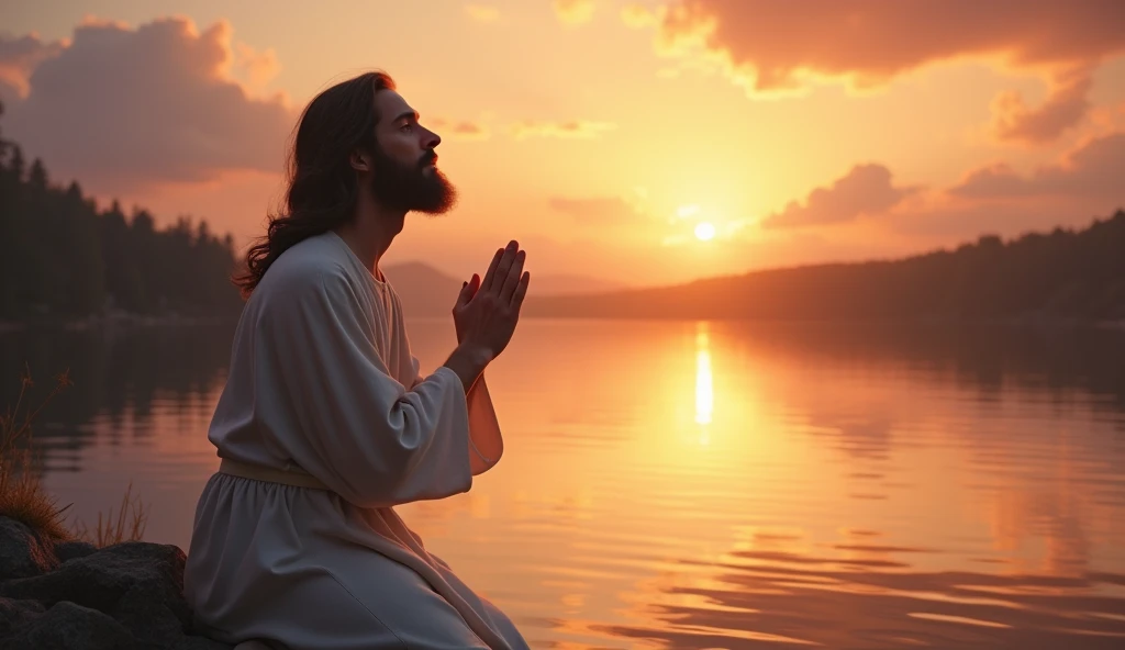 A viral social media image featuring Jesus praying on the right side, bathed in soft, golden light with a serene expression. The background is a peaceful sunset over a calm, reflective lake.