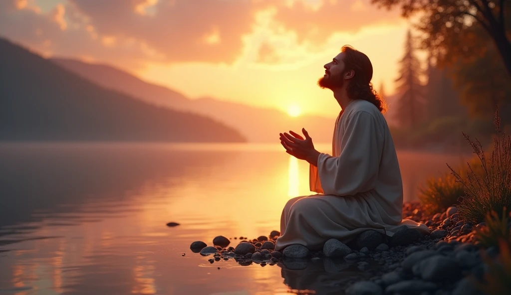 A viral social media image featuring Jesus praying on the right side, bathed in soft, golden light with a serene expression. The background is a peaceful sunset over a calm, reflective lake.


