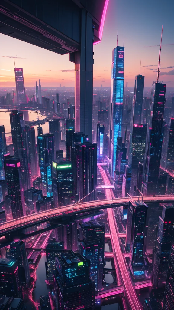A futuristic Tokyo cityscape at dawn, with towering skyscrapers made of glass and neon lights reflecting off a still river. In the foreground, a flying car is soaring above a bridge, casting a soft shadow on the water below. The sky is a mix of pink and orange hues, with digital advertisements flickering on the buildings.