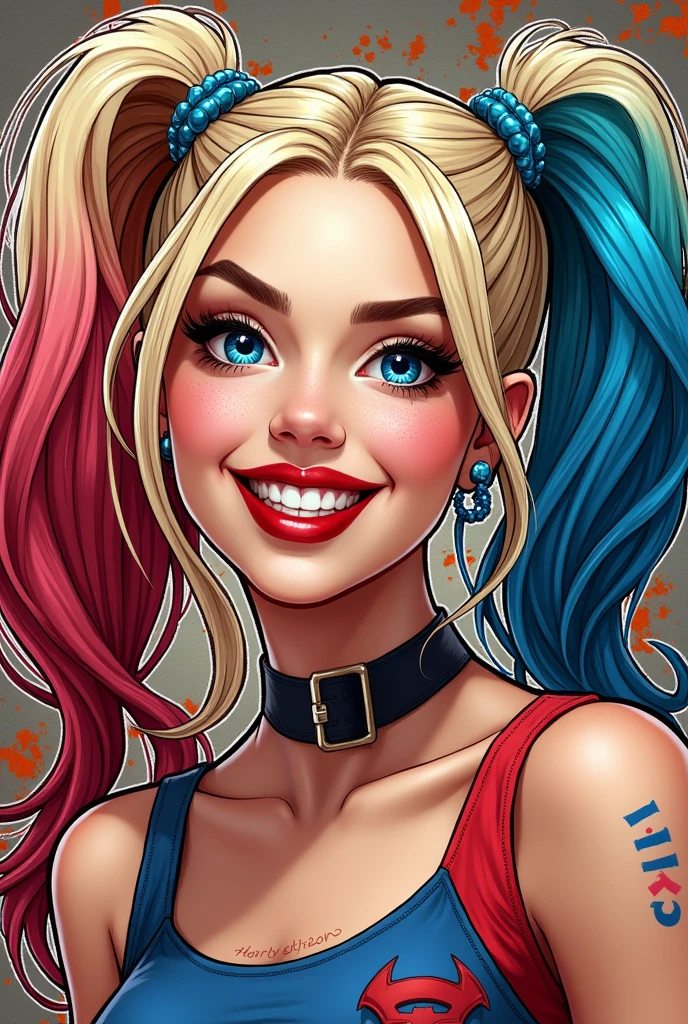 a drawing of a woman with colorful hair and a smile, jen bartel, portrait of harley quinn, by Harold Shapinsky, comic book cover, lady gaga is harley quinn, by Galen Dara, comic cover, lois van baarle and rossdraws, phil noto comicbook cover art, david baldeon comic art, by Caroline Chariot-Dayez