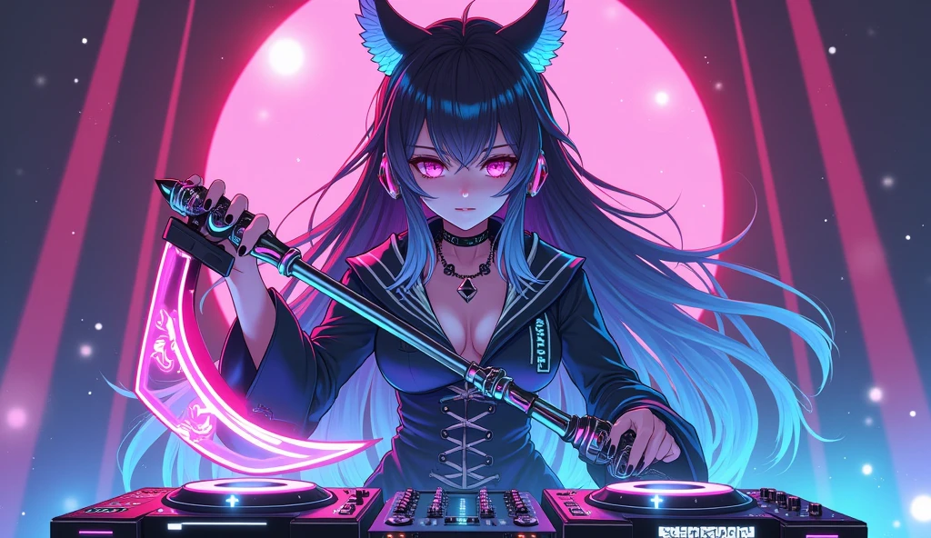 Create a dynamic female anime character who blends the worlds of EDM and fantasy. She wields a sleek, glowing sickle that pulses with rhythmic beats and neon lights. Her outfit is a fusion of futuristic and fantasy elements, incorporating vibrant neon colors, holographic materials, and intricate patterns inspired by electronic music. She stands behind a high-tech DJ table that features holographic displays and pulsating lights, as if she’s orchestrating a musical symphony that controls the rhythm of her surroundings. Her hair and accessories should reflect the energy of EDM, with vibrant streaks and glowing elements. Capture the essence of high-energy music and mystical power in her design.