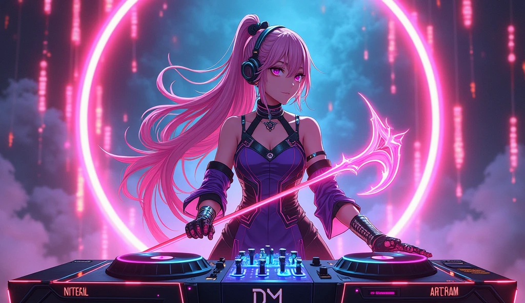 Create a dynamic female anime character who blends the worlds of EDM and fantasy. She wields a sleek, glowing sickle that pulses with rhythmic beats and neon lights. Her outfit is a fusion of futuristic and fantasy elements, incorporating vibrant neon colors, holographic materials, and intricate patterns inspired by electronic music. She stands behind a high-tech DJ table that features holographic displays and pulsating lights, as if she’s orchestrating a musical symphony that controls the rhythm of her surroundings. Her hair and accessories should reflect the energy of EDM, with vibrant streaks and glowing elements. Capture the essence of high-energy music and mystical power in her design.