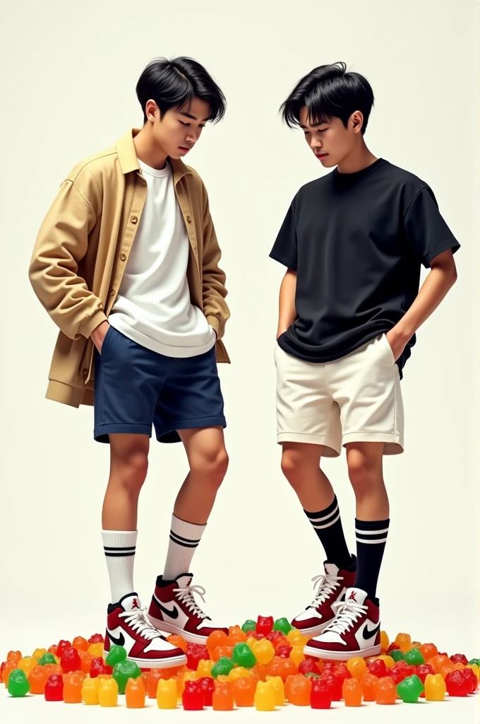 2 handsome asian male teenager. 1st wears a white shirt, beige cardigan, navy blue shorts, long white socks with 2 black stripes and air jordans. 2nd wears a black t shirt, white shorts, long black socks with 2 white stripes on it, and air jordans. They are stomping and trampling on a bunch of colorful gummy bears 