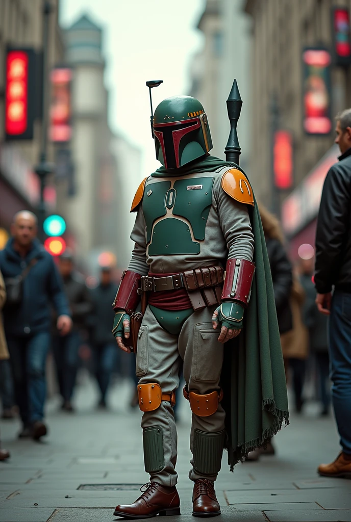 Boba Fett working as a shoeshine shining man in downtown London、Star Wars、movie、Mandaean、