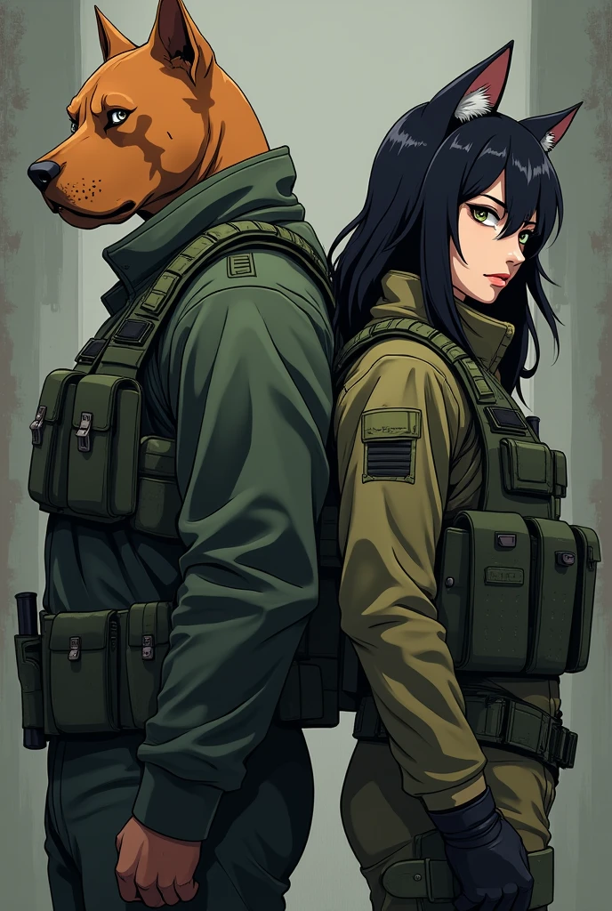 "Create an image anime of Mr. and Mrs. Smith, but with a twist: Mr. Smith has the face of a dog pitbull, and Mrs. Smith has the face of a cat. They are standing back-to-back with their arms crossed, both looking serious. They are dressed in camouflaged outfits with utility belts, giving them a tactical, military look."