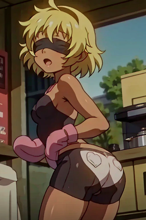 girl in a panty, wearing oven mittens tucked in pockets, blindfold
