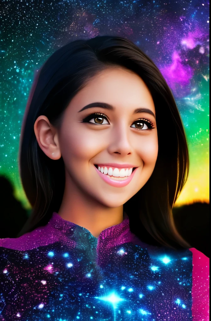 High detail, super detail, super high resolution, girl enjoying her time in the dream galaxy, surrounded by stars, warm light sprinkled on her, background is starry sky with colorful galaxies and galaxy clouds, stars flying around her, delicate face, adding playful atmosphere ,
