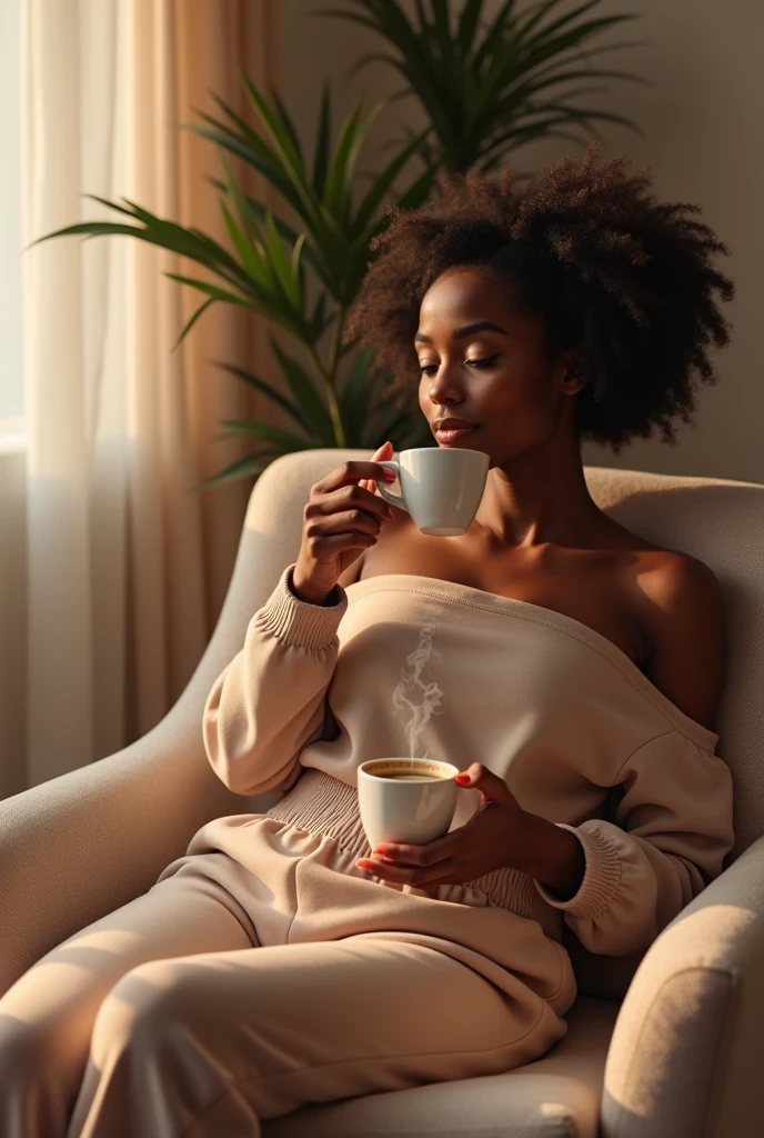 Beautiful black woman in sweatpants sitting on a comfy chair drinking coffee with the words Saturday mode activated