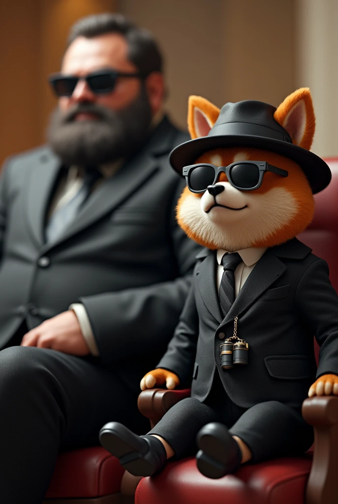 Cute Shiba Inu、Bushy coat、Detective style outfit(Black Suit、hat、sunglasses、Binoculars hanging from his neck)、3d、Sitting to the right of the boss。The boss is a big fat man(A different appearance、Black suit、sunglasses、beard)