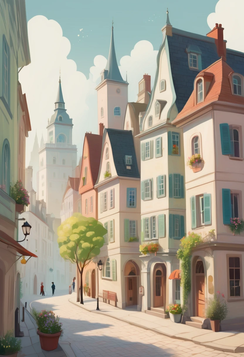 A whimsical cityscape, with charming buildings and a light, airy feel, simple background