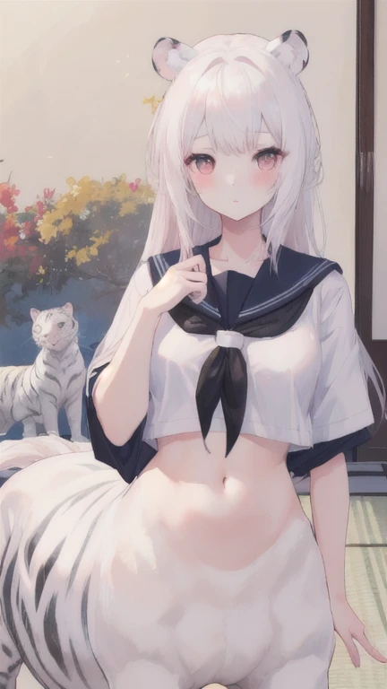 (best quality, masterpiece), 1 girl, centaur, I beg, White skin, Japanese schoolgirl,daughter,black pink, exposing the abdomen, belly button t-shirt , beautiful girl perfect, White tiger photo, 완벽한 White tiger photo