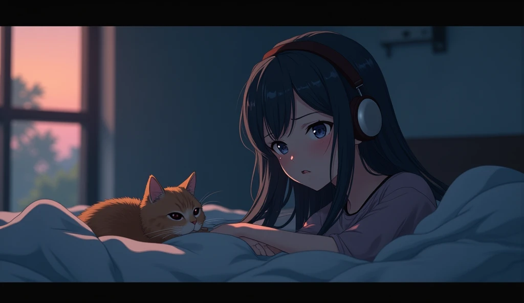 Perfect image, 8k、night、dim、high school girl、Mature、long hair、sweat、Using headphones、bed、Cat、 2D-style animation, Lo-Fi、Retro、Anime style illustrations