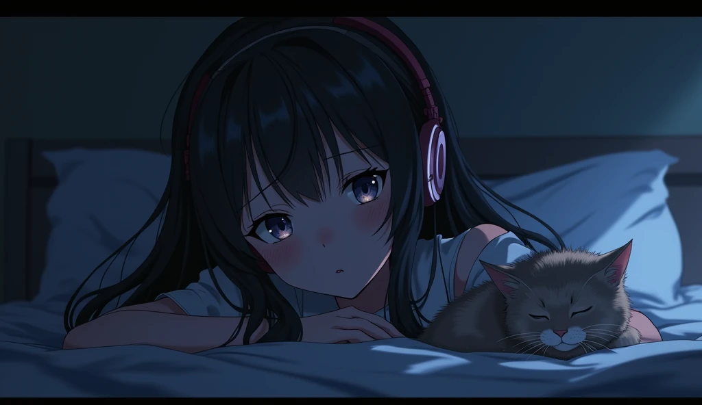 Perfect image, 8k、night、dim、high school girl、Mature、long hair、sweat、Using headphones、bed、Cat、 2D-style animation, Lo-Fi、Retro、Anime style illustrations