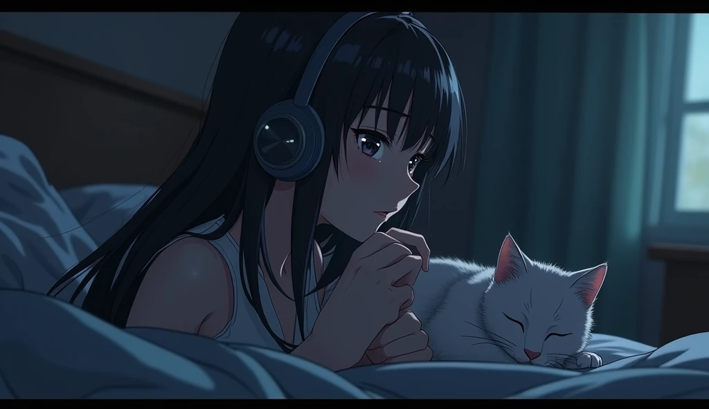 Perfect image, 8k、night、dim、high school girl、Mature、long hair、sweat、Using headphones、bed、Cat、 2D-style animation, Lo-Fi、Retro、Anime style illustrations