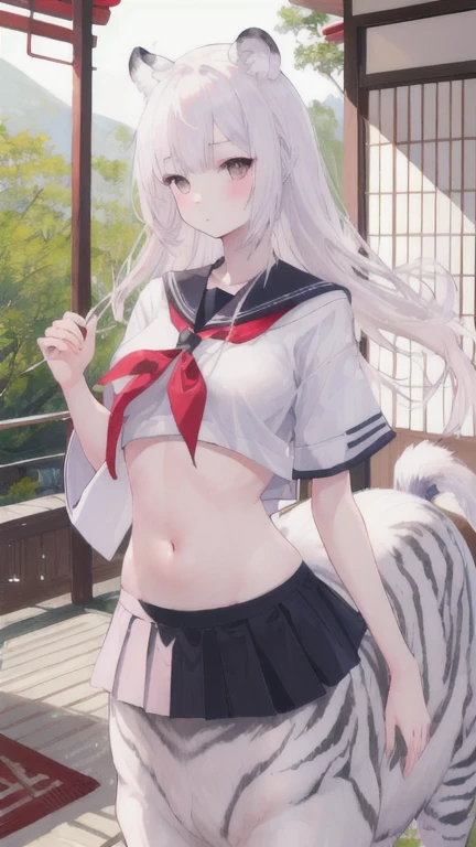 (best quality, masterpiece), 1 girl, centaur, I beg, White skin, Japanese schoolgirl,daughter,black pink, exposing the abdomen, belly button t-shirt , beautiful girl perfect, White tiger photo, 완벽한 White tiger photo