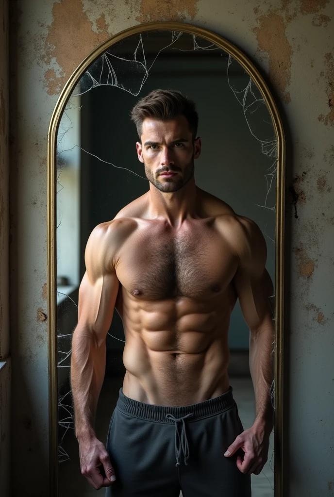 A man takes a picture of himself in the mirror, cracked, torn apart, suitable photo, skinny, mas muscular, medium shot of a handsome guy, hairy chest and hairy body, Поджарый и muscular, chiseled, hairy body, hairy bodies, [ hard-defined abdomen ]!!, muscular, partially male hairy torso, Muscles