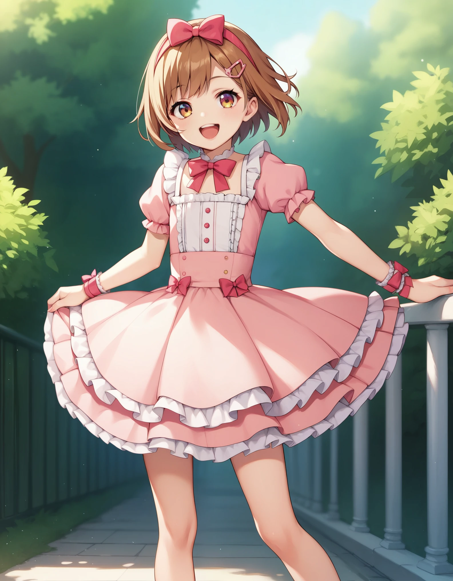 (masterpiece:1.2), best quality, highres, original, (extremely detailed:1.2), ultra-detailed, wallpaper, perfect lighting,(extremely detailed CG:1.2), 8k, anime illustration, HD, cute, kawaii, 1boy, crossdressing, solo, tomgirl, (brown hair, open the mouth, laughing, happy, hairclip:1.1), (ta Fashion, short sleeves, pink dress, mini dress, delicate dress, ruffles hemline, ribbon on dress, flat chest, breastless:1.2), thighs, standing, looking at viewer, frontal, outdoor, sunny