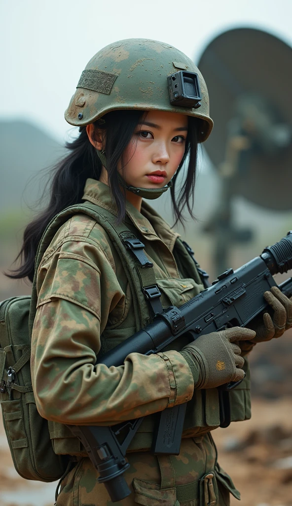 Photo-realistic, ultra-realistic, (very beautiful Japanese, famous Japanese idol:1.3), Fully equipped for battle, (wearing an army soldier's Camouflage outfits with military helmet:1.5), (at a battlefield base), (tactical vest, military harness:1.3), dynamic angle, (muddied, damaged wears, damaged body:1.3), (Army Signal Corps), (She is talking on a military satellite communication equipment:1.5), (communicating via a large transceiver), (large parabolic antenna:1.3), (tense expression:1.5)