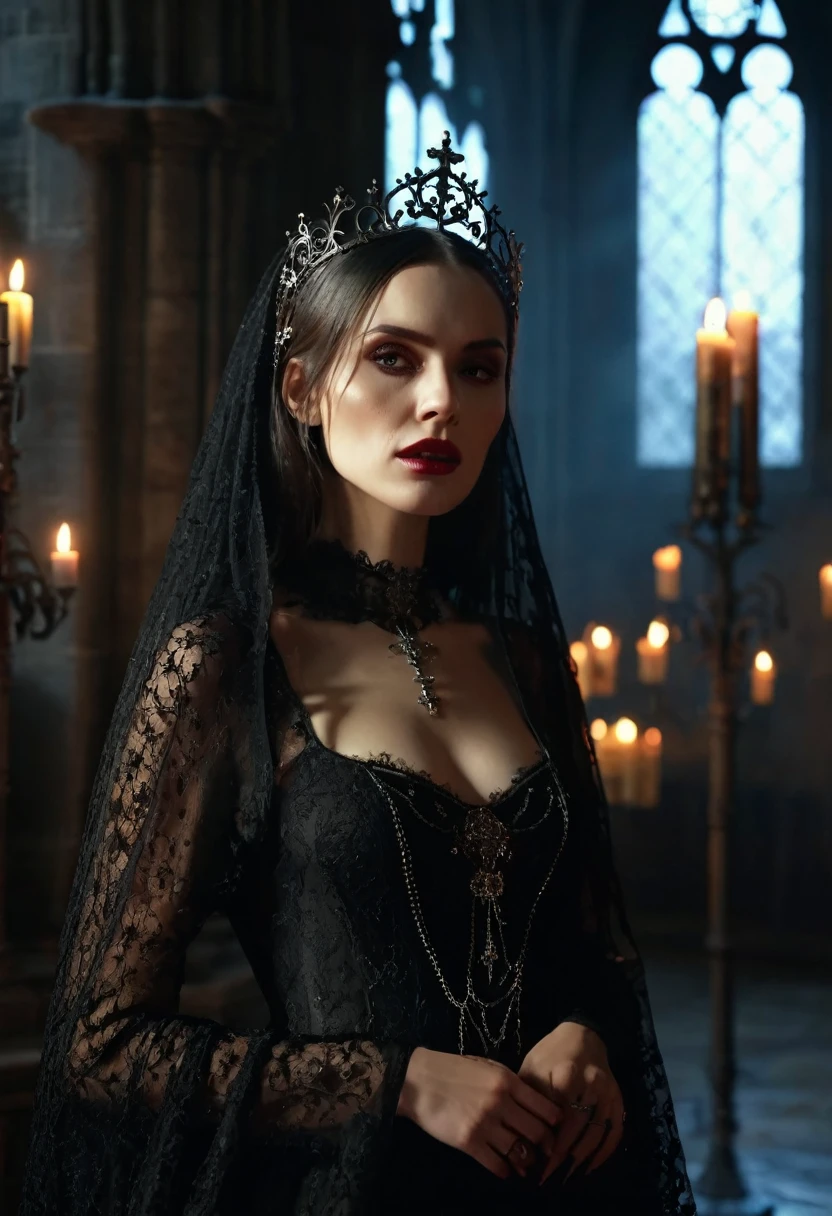 A beautiful gothic vampire, beautiful face. sexy transparent dress. detail. convent, Shadow Crypt. Many candles around. Chandeliers. Cathedral glass windows. dim lighting. medieval gothic style. 1:1 hyperrealistic, cinematographic, 4k high resolution, masterpiece, anatomically correct, necessary, Awarded many times, The best quality, High details,