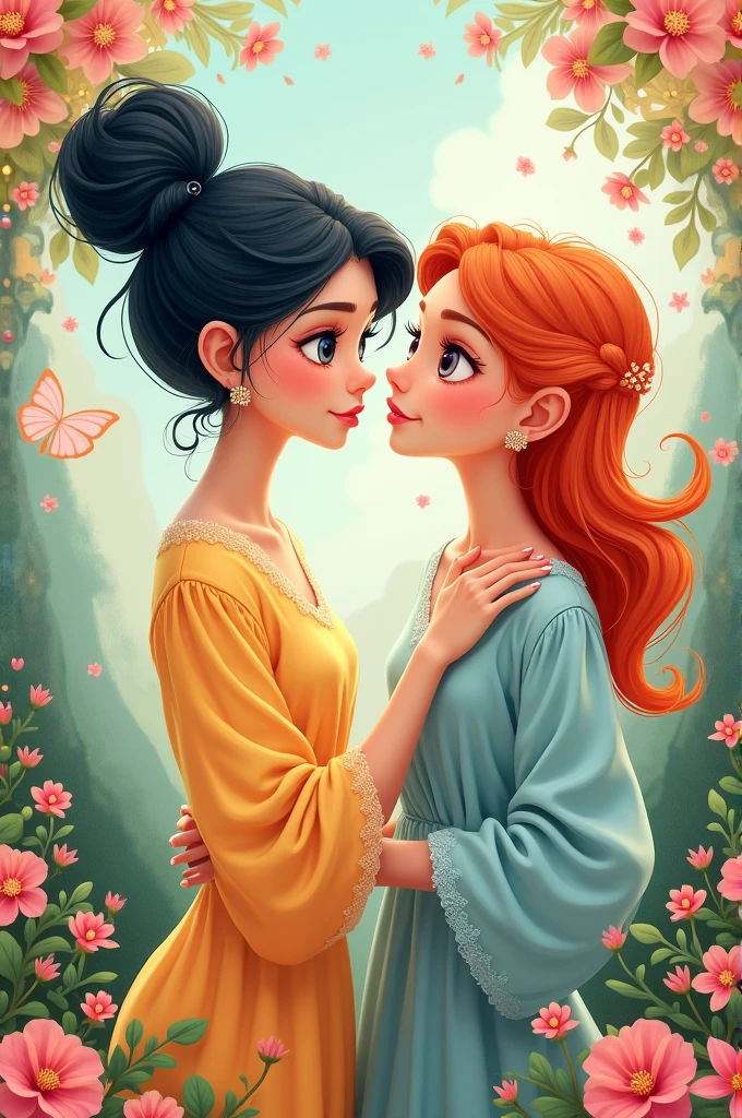Two beautiful women in cartoon