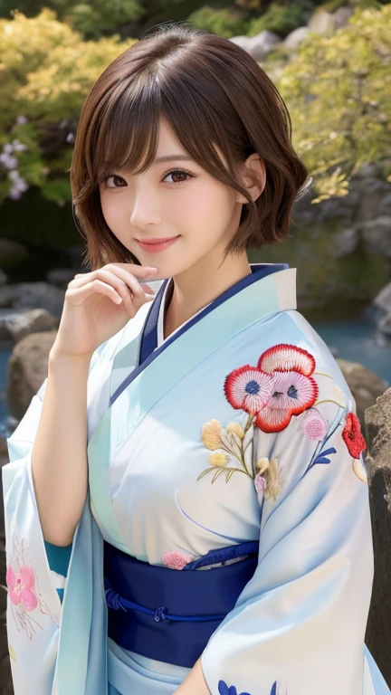 (8k, RAW Photos, Highest quality:1.2), (reality, reality的:1.4), (非常に詳細な8kwallpaper)、Sharp focus, Cinema Lighting, Beautiful eyes in every detail, Asymmetrical bangs, Glowing Skin, Highly detailed skin ,High resolution, Attention to detail, Detailed hairstyle, Ultra detailed face, Detailed lips, Hyper Real, Perfect limbs, Perfect Anatomy ,1 Japanese girl,Famous idols of Japan, Perfect female body,smile,short eyelashes,double eyelid、Look straight here,, whole body ,Tabletop、wallpaper、reality的、Bright lighting、Professional Lighting、Face Light Smooth Lighting、Beautiful woman、action、gravure、Sexy、so beautiful、Beautiful Skin、slim、((short hair))、((Brunette Hair))、Brown eyes、Looking into the camera、Small Bust、Pretty face,, smile, Hot spring background for hot spring inn, 超High resolution, Backlight, Top-down angle、Accurate 5 fingers, software , Bony body, Messy Hair,(High-quality yukata in vibrant colors:1.3), (Gorgeous embroidered kimono:1.3)、(You can see the torii gate.)、(Sitting on a rock in the garden)、Pull out