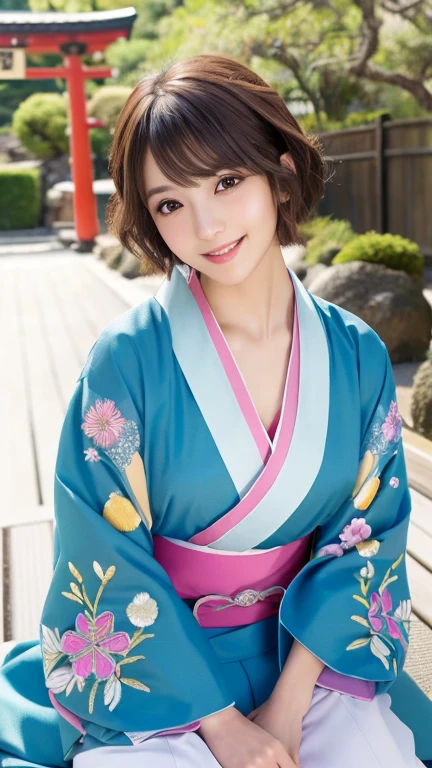 (8k, RAW Photos, Highest quality:1.2), (reality, reality的:1.4), (非常に詳細な8kwallpaper)、Sharp focus, Cinema Lighting, Beautiful eyes in every detail, Asymmetrical bangs, Glowing Skin, Highly detailed skin ,High resolution, Attention to detail, Detailed hairstyle, Ultra detailed face, Detailed lips, Hyper Real, Perfect limbs, Perfect Anatomy ,1 Japanese girl,Famous idols of Japan, Perfect female body,smile,short eyelashes,double eyelid、Look straight here,, whole body ,Tabletop、wallpaper、reality的、Bright lighting、Professional Lighting、Face Light Smooth Lighting、Beautiful woman、action、gravure、Sexy、so beautiful、Beautiful Skin、slim、((short hair))、((Brunette Hair))、Brown eyes、Looking into the camera、Small Bust、Pretty face,, smile, Hot spring background for hot spring inn, 超High resolution, Backlight, Top-down angle、Accurate 5 fingers, software , Bony body, Messy Hair,(High-quality yukata in vibrant colors:1.3), (Gorgeous embroidered kimono:1.3)、(You can see the torii gate.)、(Sitting on a rock in the garden)、Pull out