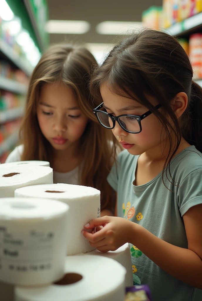 A 2 girl who wears glasses is reading the ingredients of toilet paper and they are not at all environmentally friendly. The girl is very disappointed trying to find an eco-friendly toilet paper in the supermarket but only finds conventional toilet paper.,