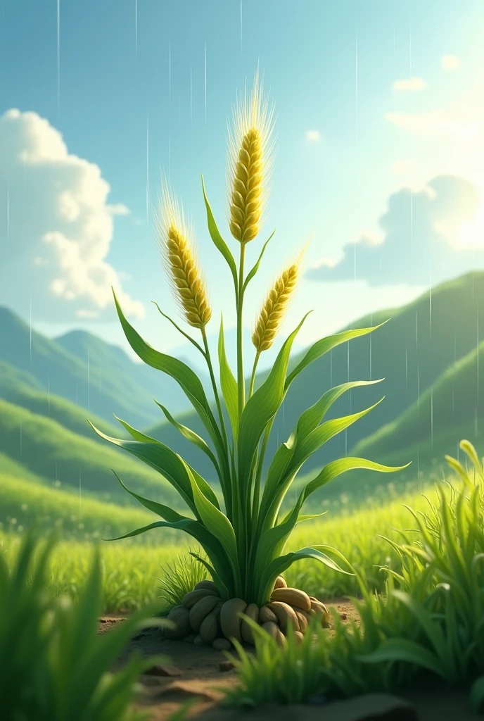 Create an image that represents the growth of a barley plant thanks to the sun and rain of the highlands and add more rain.